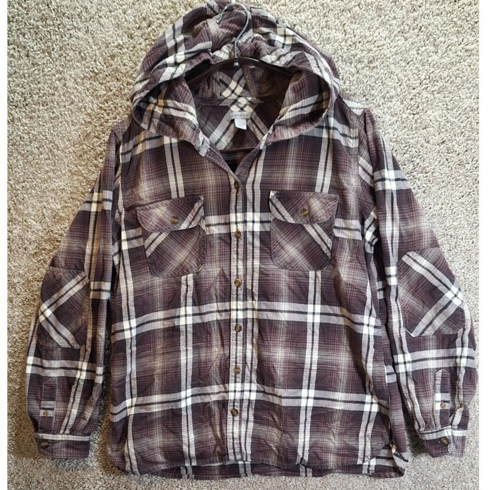 Carhartt Hooded Shirt Women's L (12/14) Brown White Plaid Flannel Patch Pockets